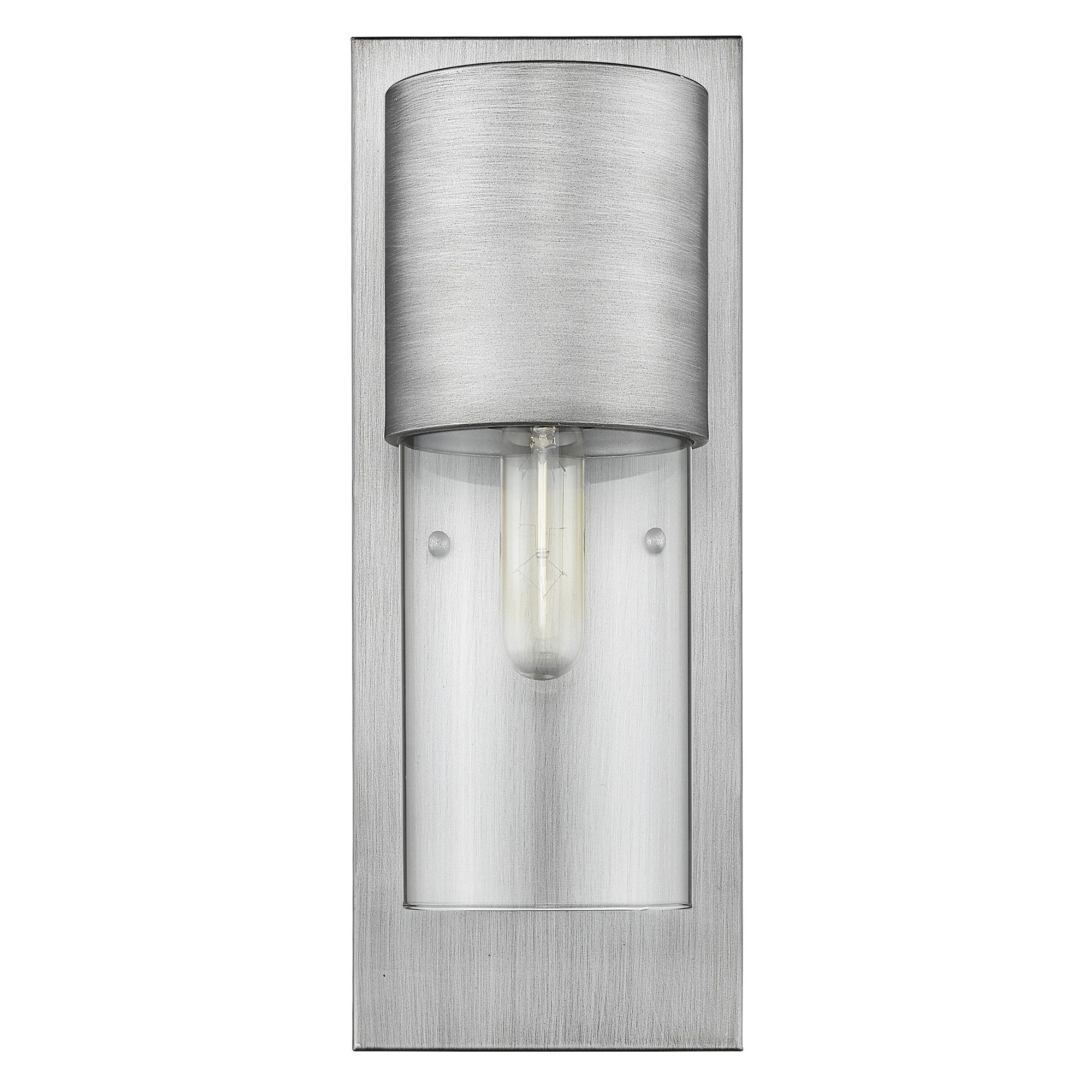 Front view of a Modern brushed nickel wall sconce with clear cylindrical glass shade and vertical backplate