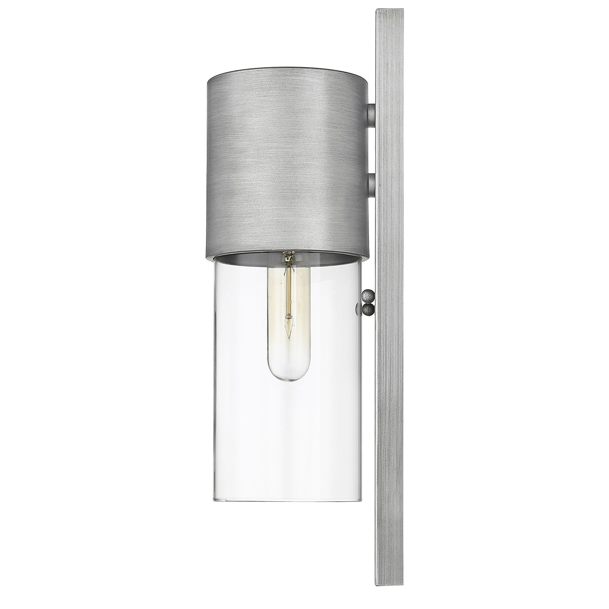 Side view of a Modern brushed nickel wall sconce with clear cylindrical glass shade and vertical backplate