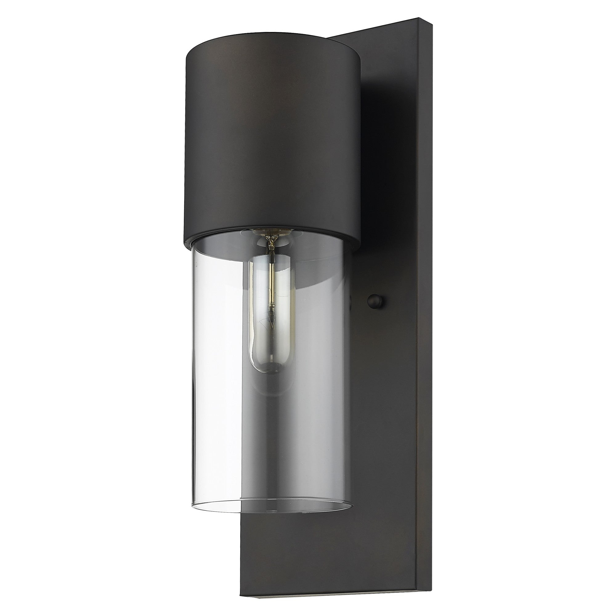 Modern anitque bronze wall sconce with clear cylindrical glass shade and vertical mounting plate