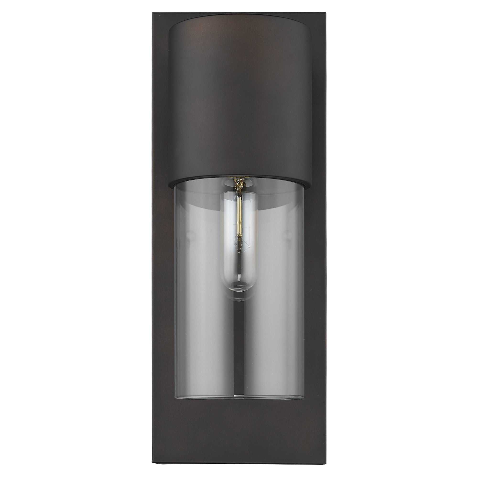 Front view of a Modern bronze wall sconce with clear cylindrical glass shade and vertical mounting plate