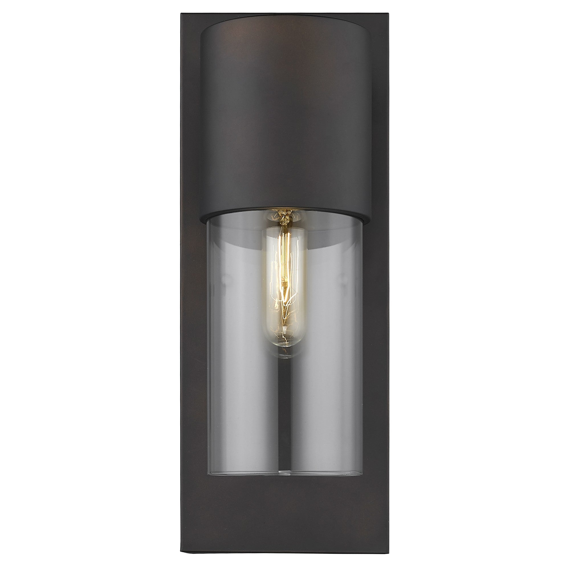 Front view of a lighted Modern bronze wall sconce with clear cylindrical glass shade and vertical mounting plate