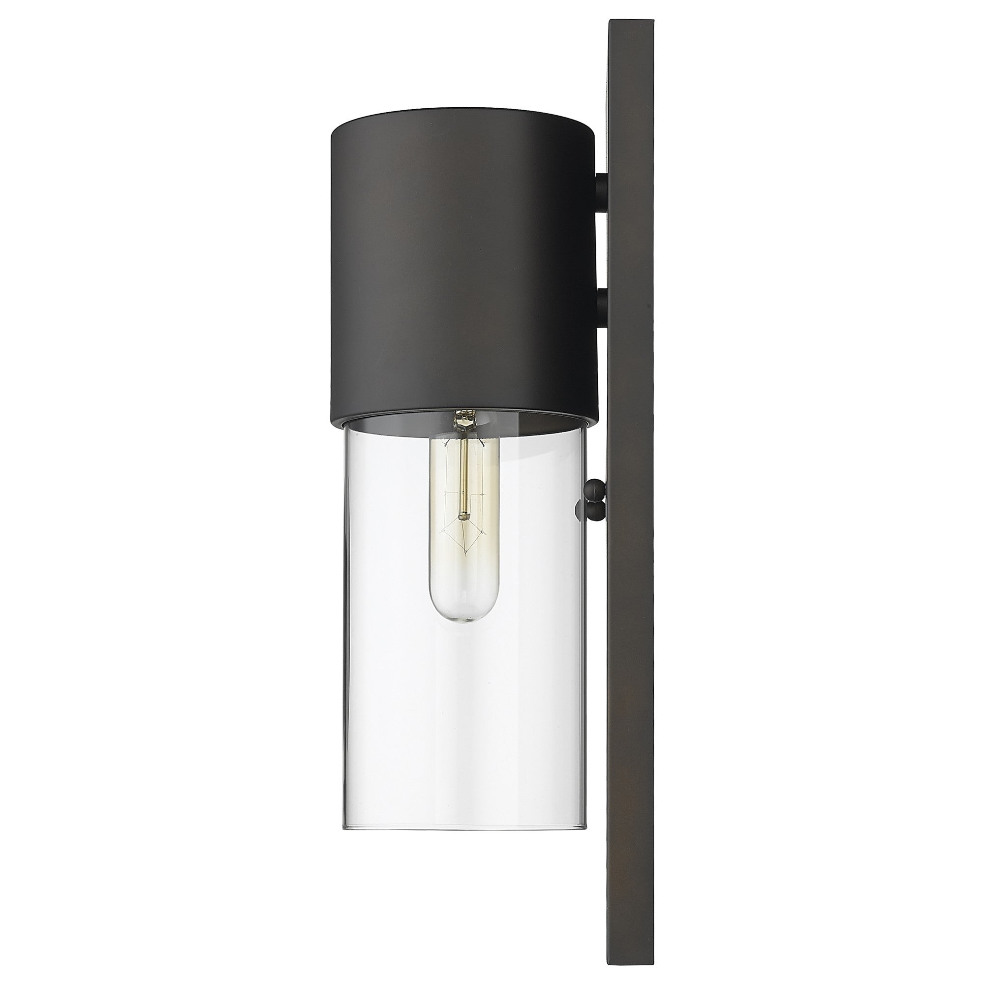 Side view of a lighted Modern bronze wall sconce with clear cylindrical glass shade and vertical mounting plate