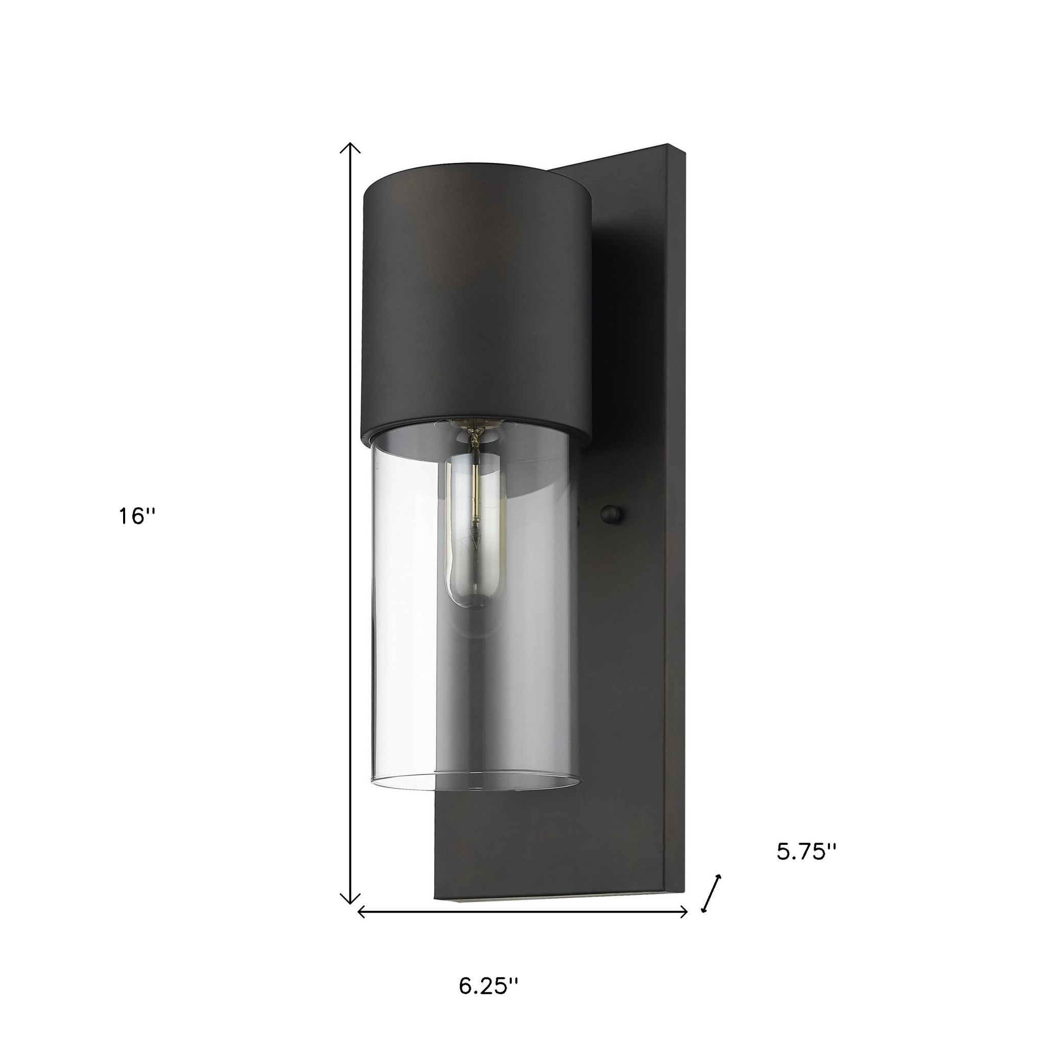 Modern bronze wall sconce with clear cylindrical glass shade and vertical mounting plate shown with dimensions