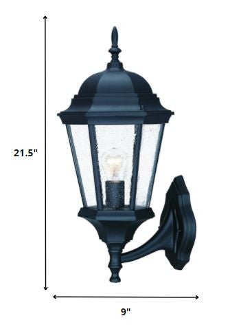 Classic black outdoor wall lantern with seeded glass panels and domed top shown with imensions