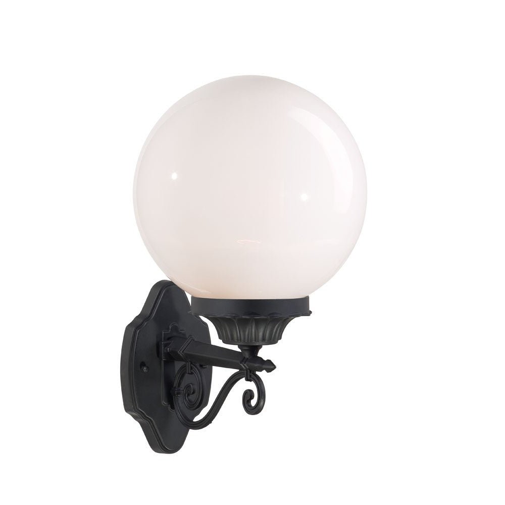 Side view of traditional black globe wall light with ornate scroll arm and round opal glass shade