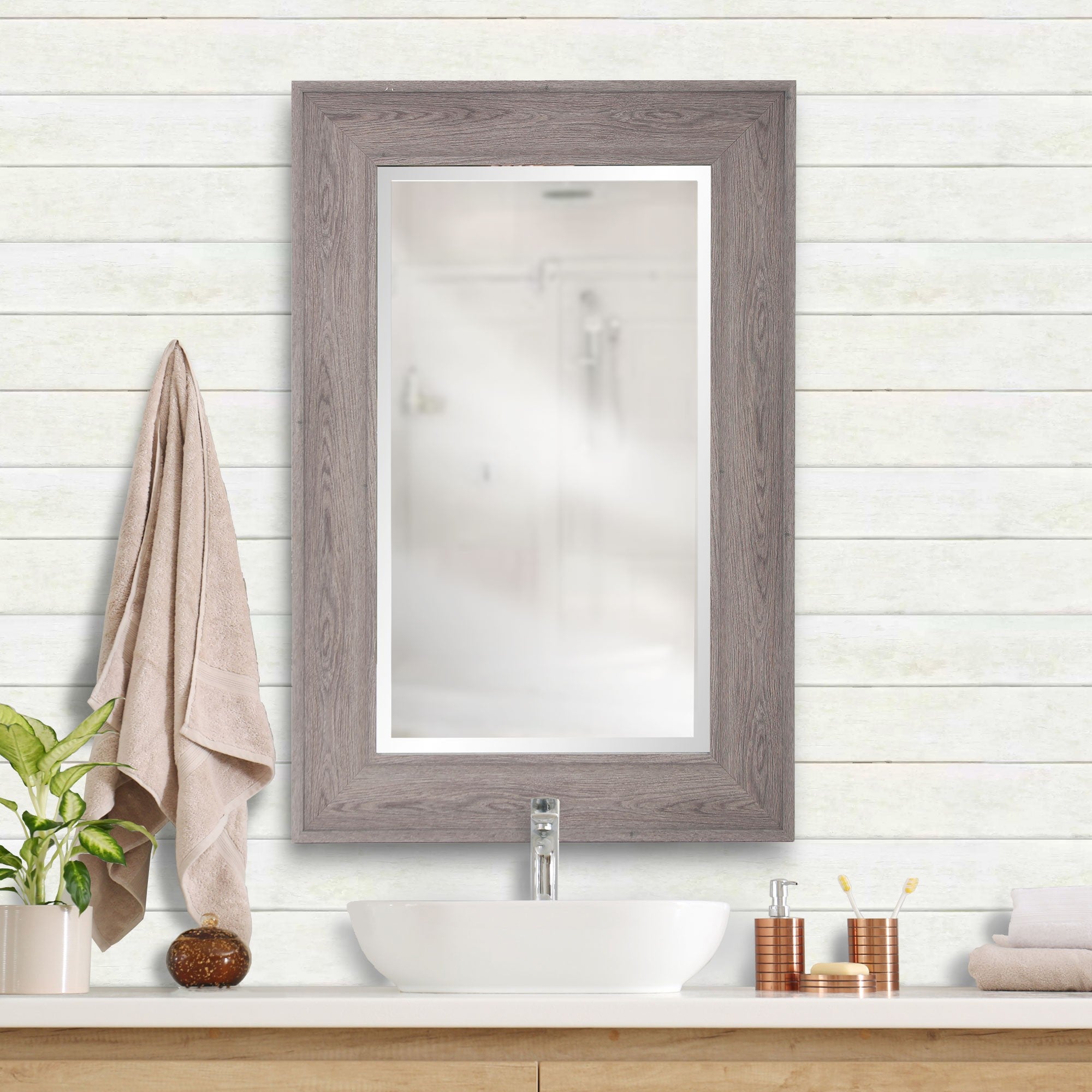 Warm Gray Faux Wood Beveled Rectangular Wall Mirror | 24