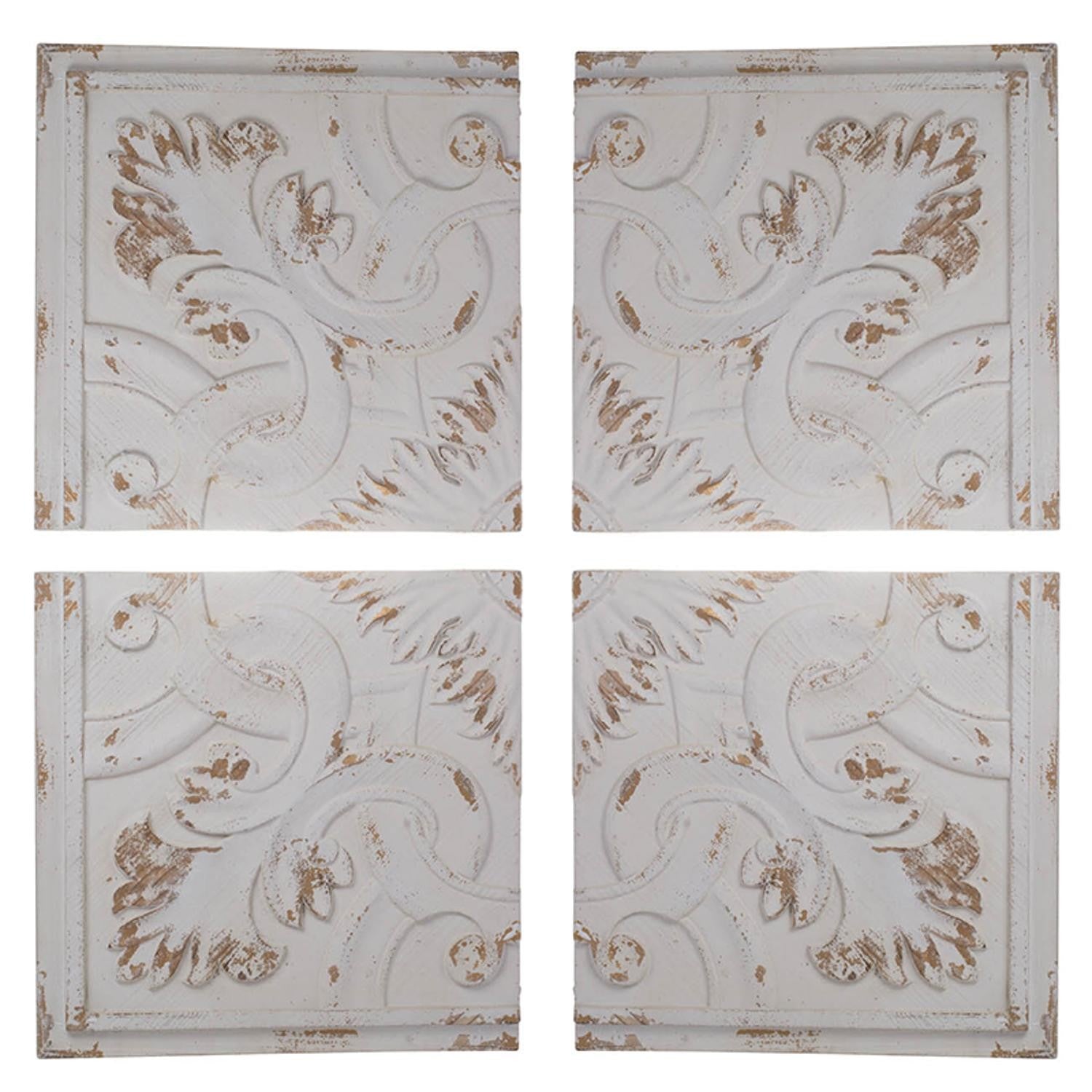 Set of 4 Whitewashed Arabesque Carved Wall Art | 17.5