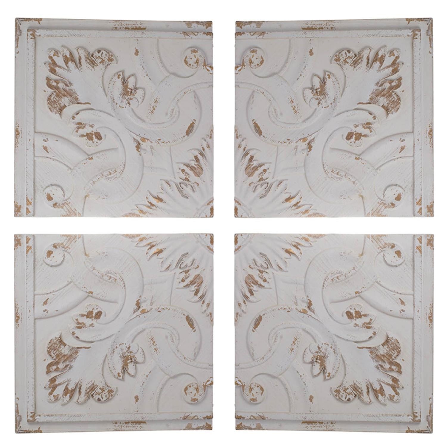 Set of 4 Whitewashed Arabesque Carved Wall Art | 17.5