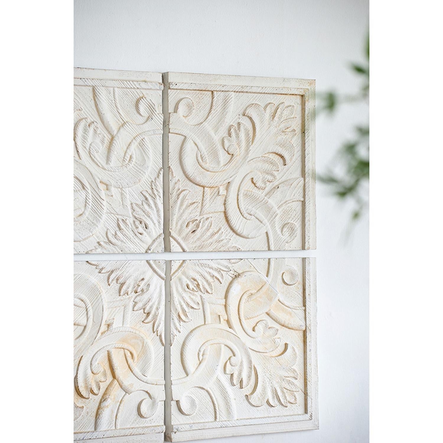 Set of 4 Whitewashed Arabesque Carved Wall Art | 17.5