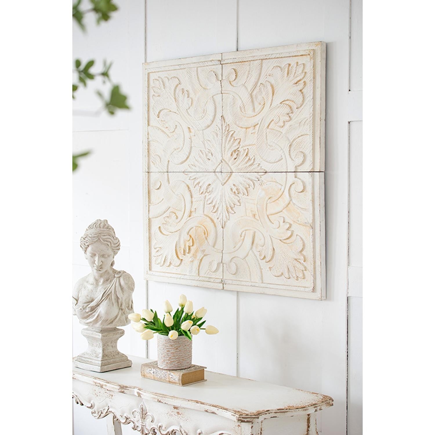 Set of 4 Whitewashed Arabesque Carved Wall Art | 17.5