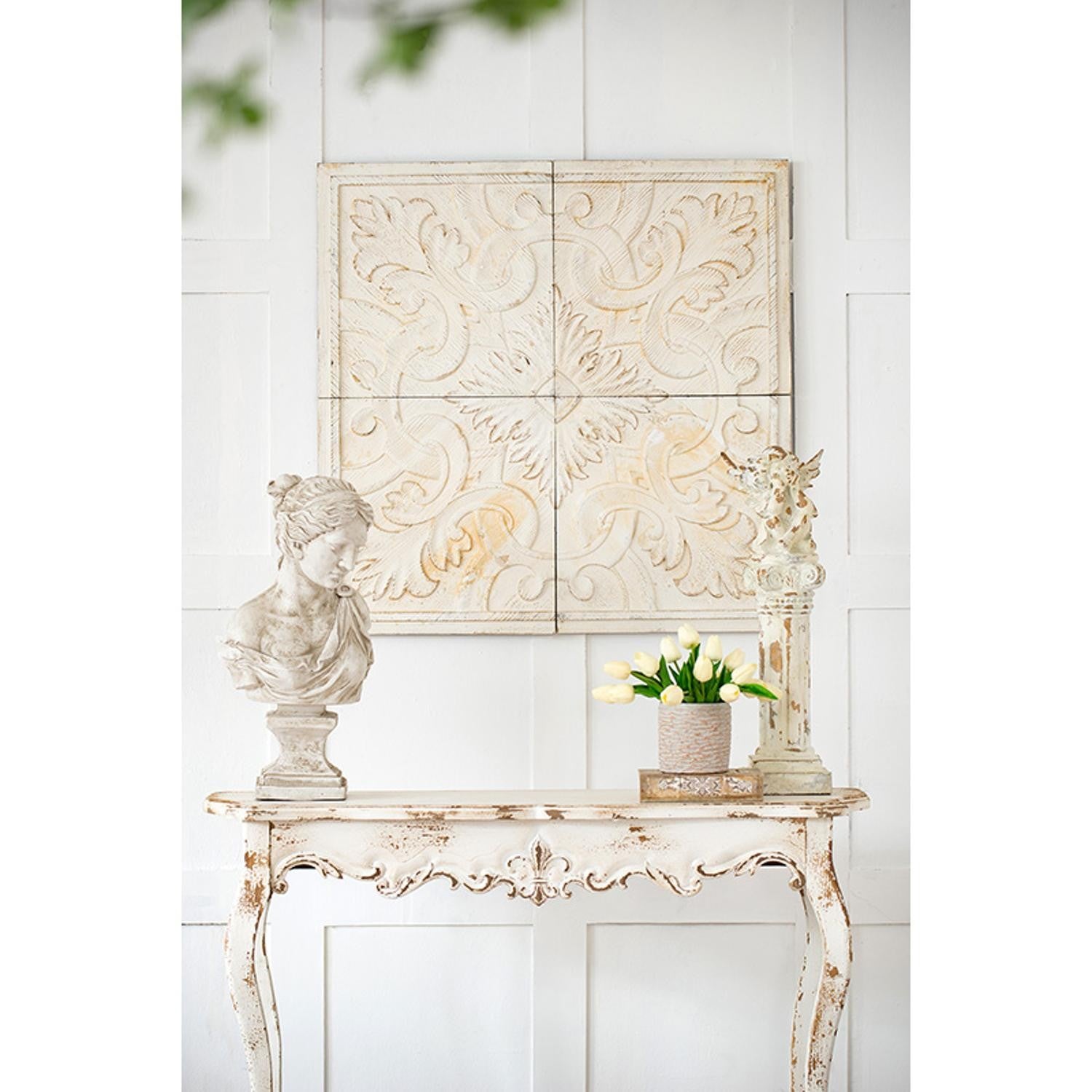 Set of 4 Whitewashed Arabesque Carved Wall Art | 17.5