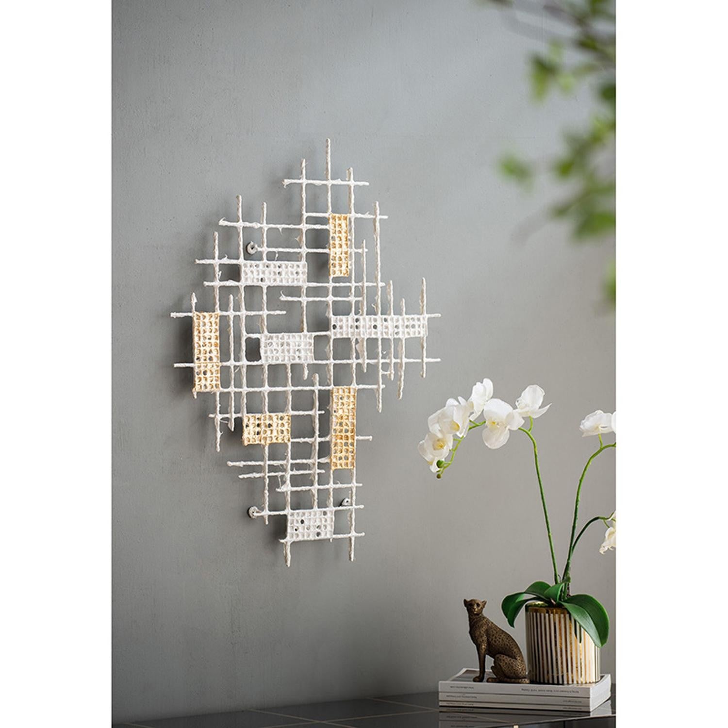 Contemporary White and Gold Geo Grid Wall Art | 23.5