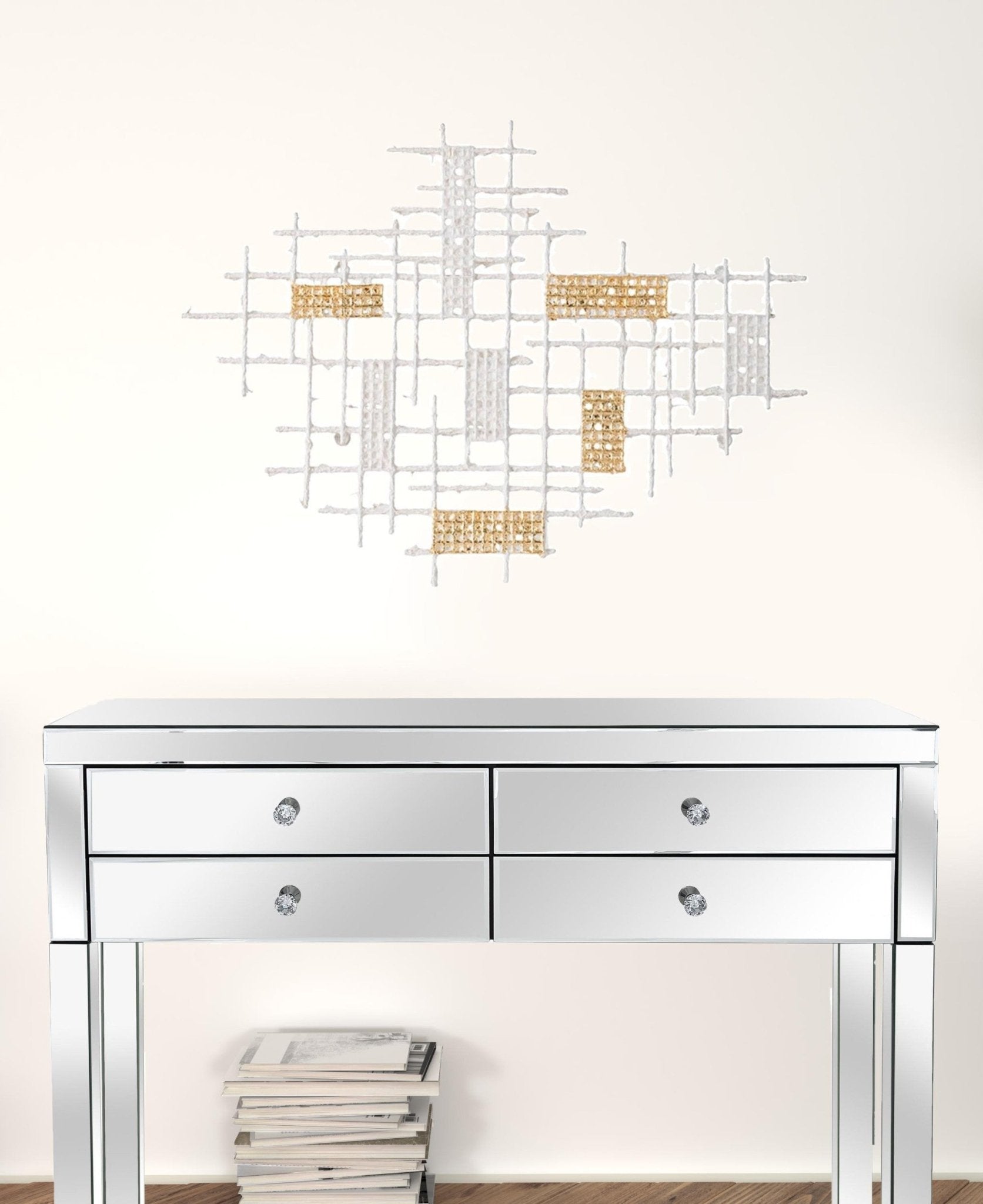 Contemporary White and Gold Geo Grid Wall Art | 23.5