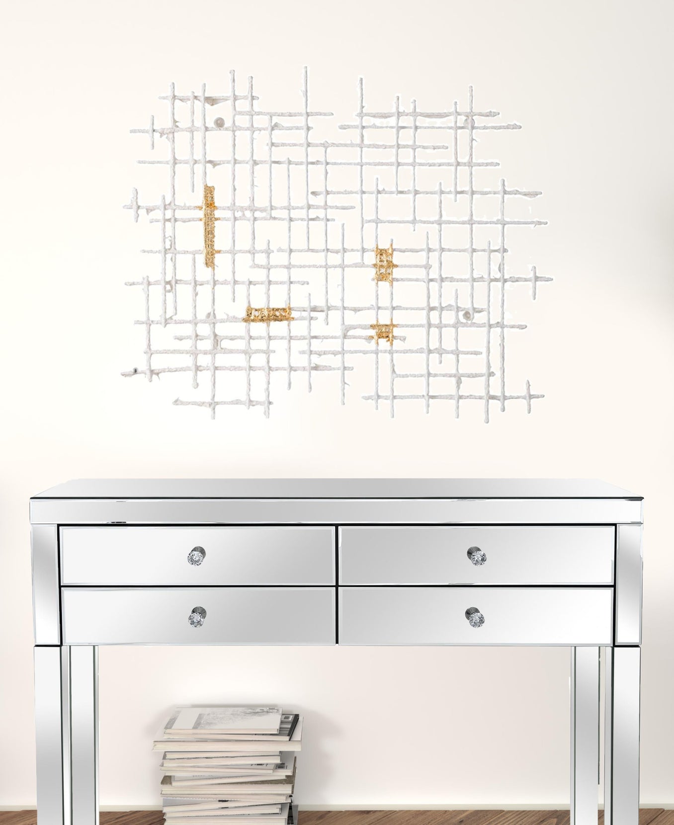 Contemporary Large White and Gold Geo Grid Wall Art | 26