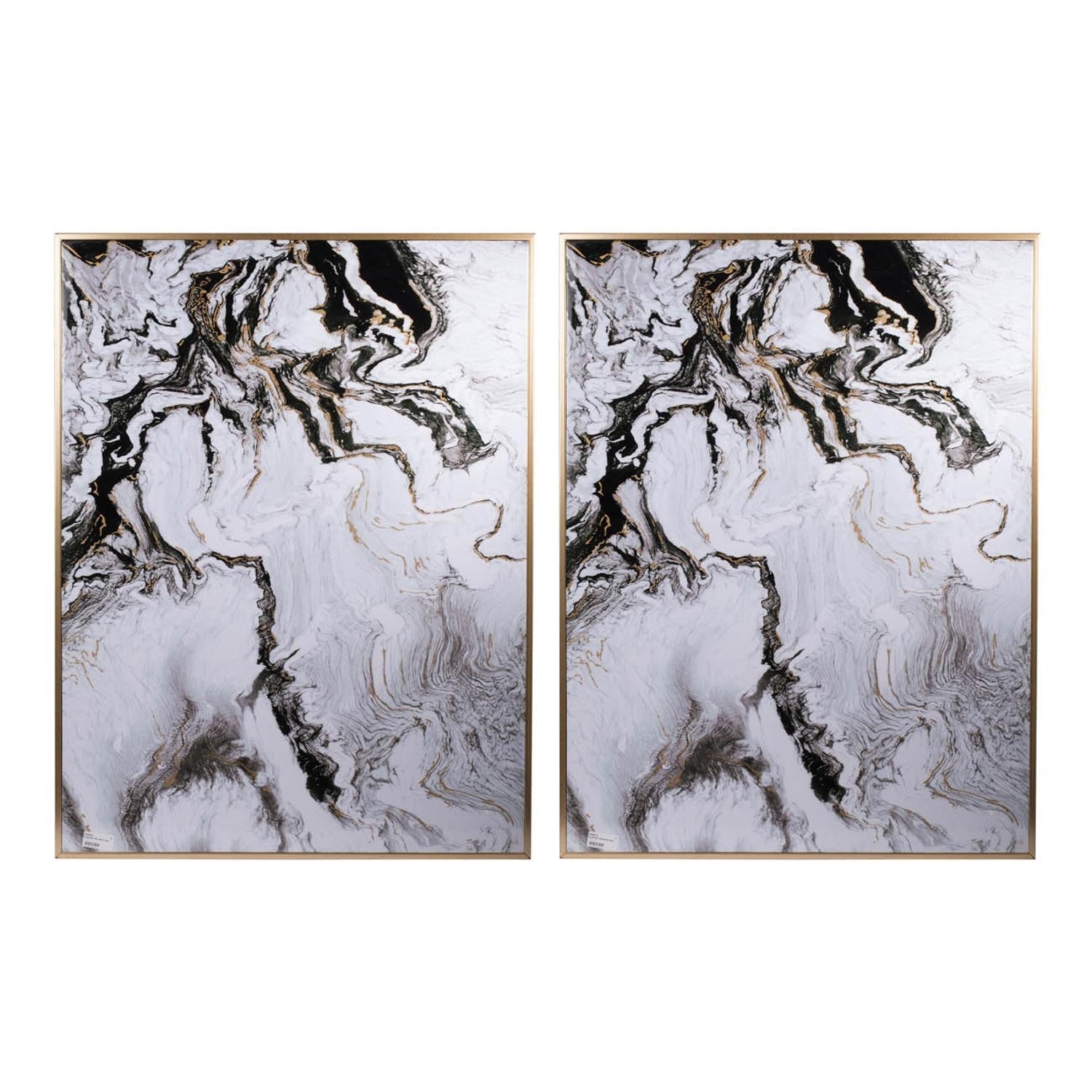 Set of 2 Ultra Modern White Black and Gold Marbleized Wall Art | 30.5