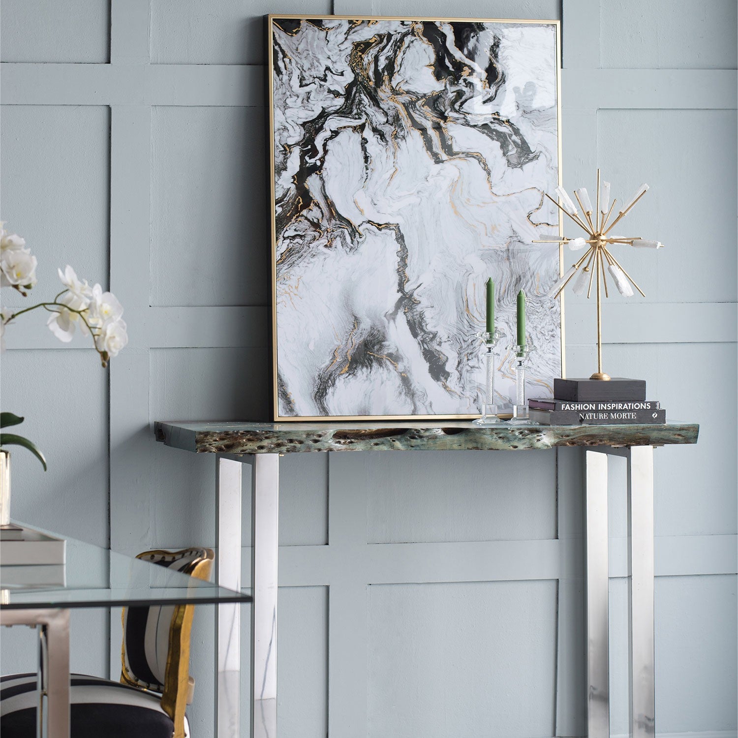 Set of 2 Ultra Modern White Black and Gold Marbleized Wall Art | 30.5