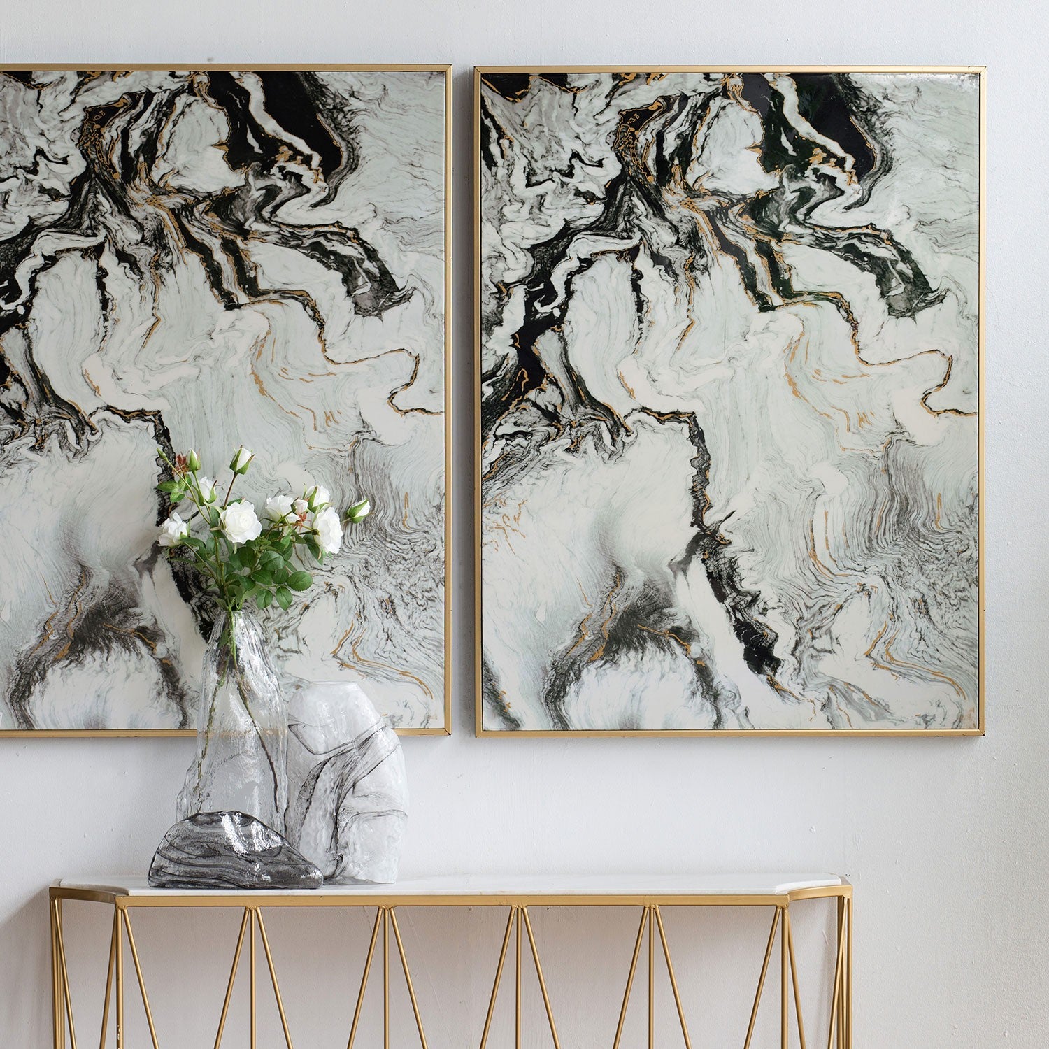 Set of 2 Ultra Modern White Black and Gold Marbleized Wall Art | 30.5