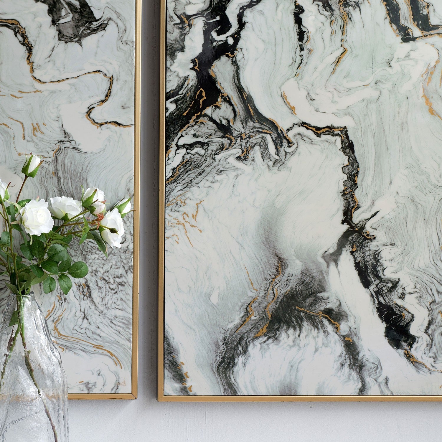 Set of 2 Ultra Modern White Black and Gold Marbleized Wall Art | 30.5