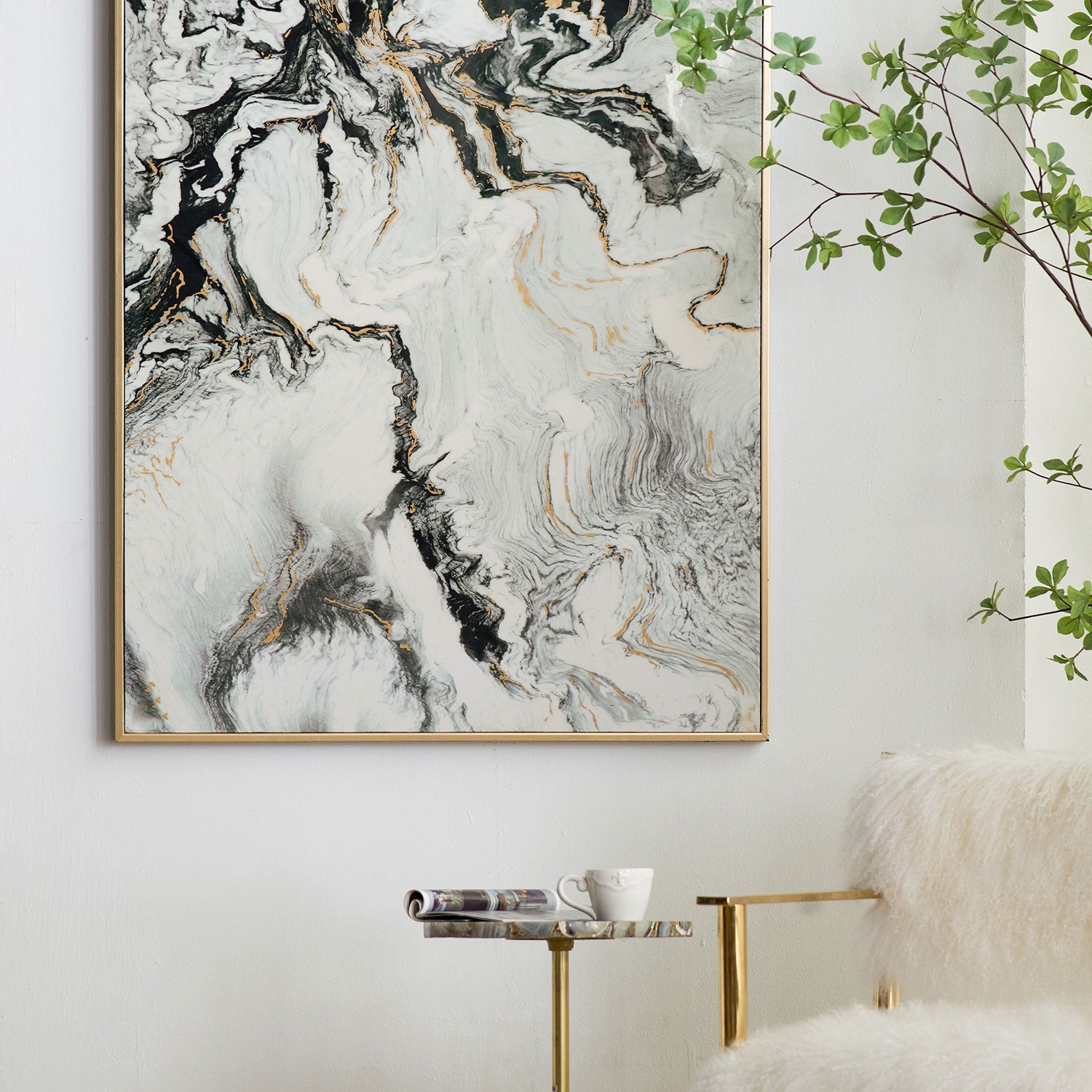 Set of 2 Ultra Modern White Black and Gold Marbleized Wall Art | 30.5