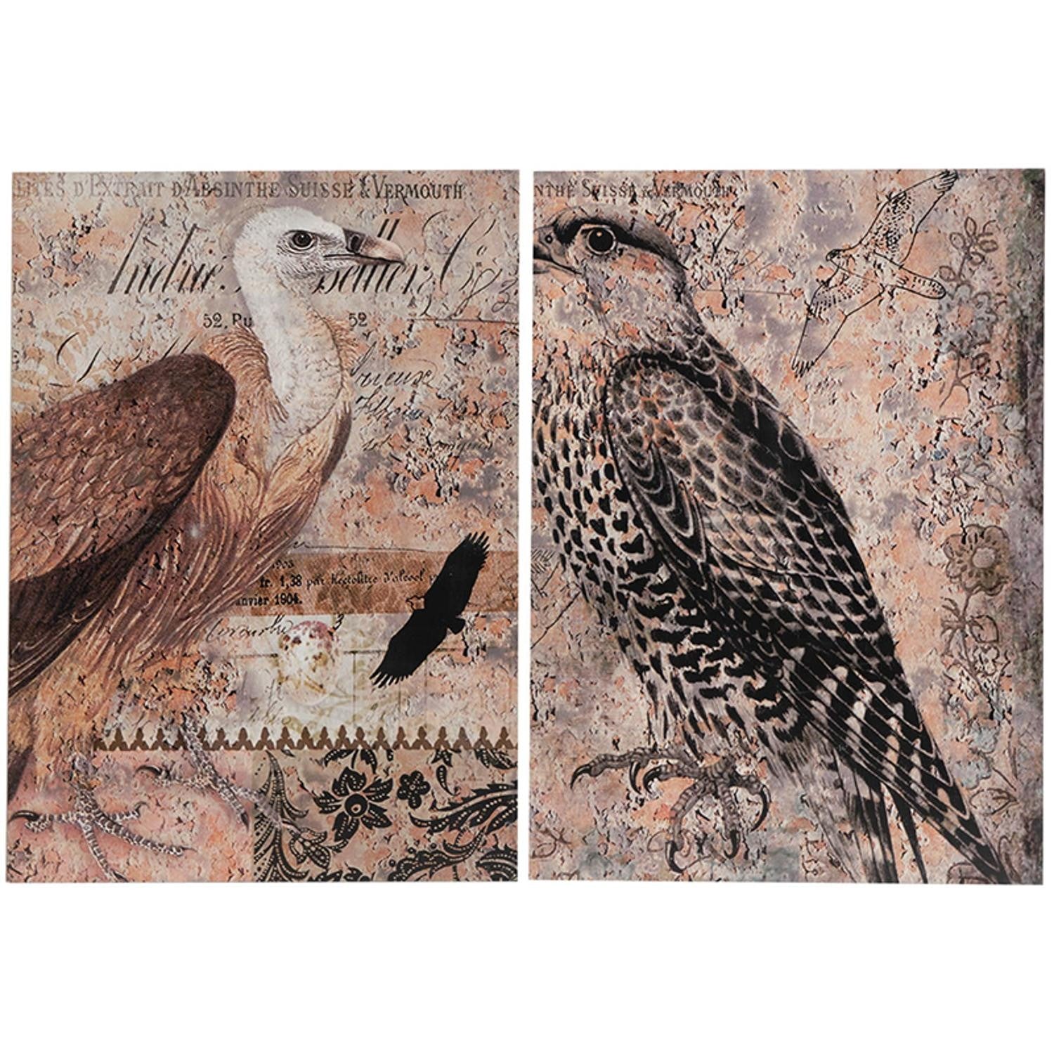 Set of Two Antique Post Card Birds Wood Wall Art | 19.5