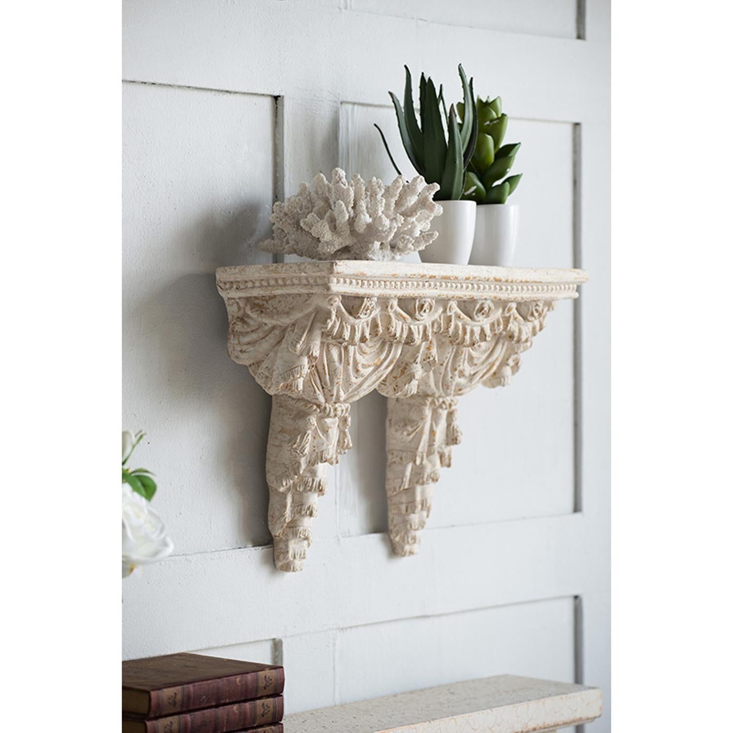 Rustic and Antiqued White and Gold Scroll Wall Shelf | 13