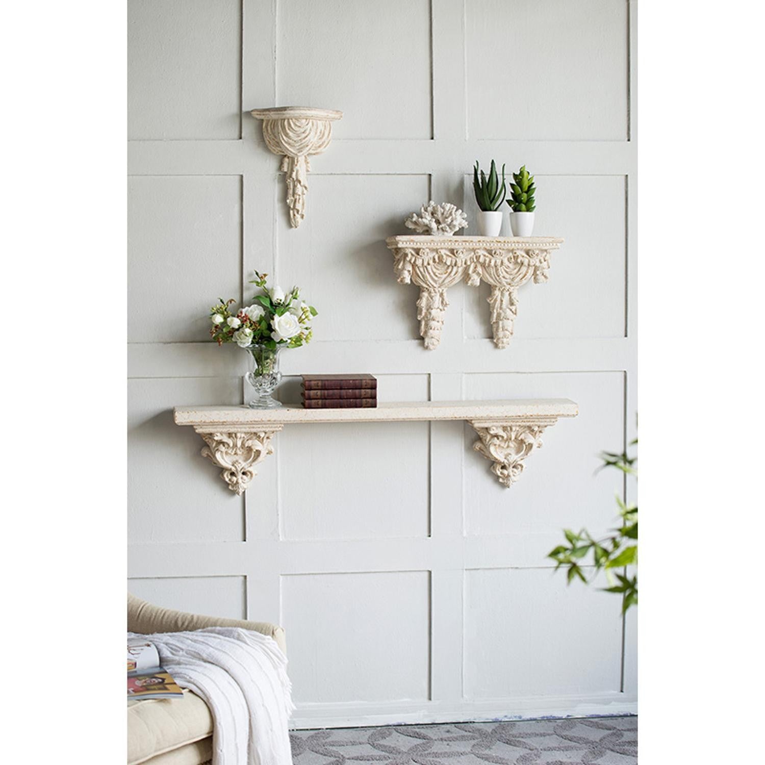 Rustic and Antiqued White and Gold Scroll Wall Shelf | 13