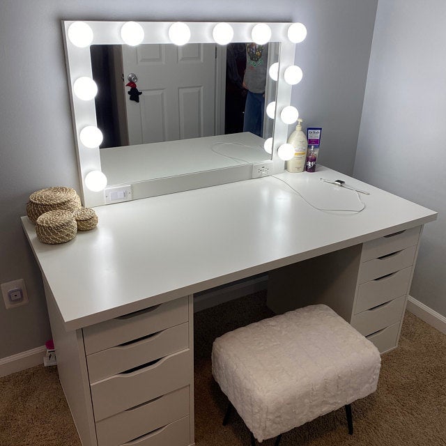 White Rectangle Accent Wood Wall Mirror & Lights | 28