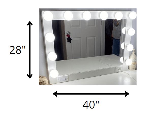 White Rectangle Accent Wood Wall Mirror & Lights | 28