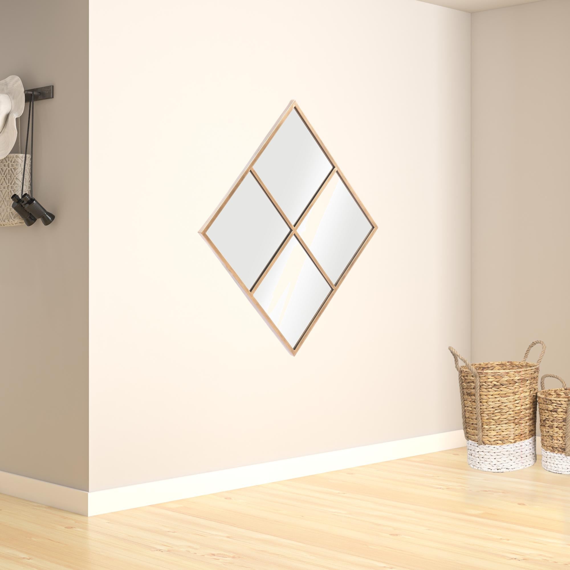 41 inch Gold Diamond Accent Steel Wall Mirror Installed on Wall