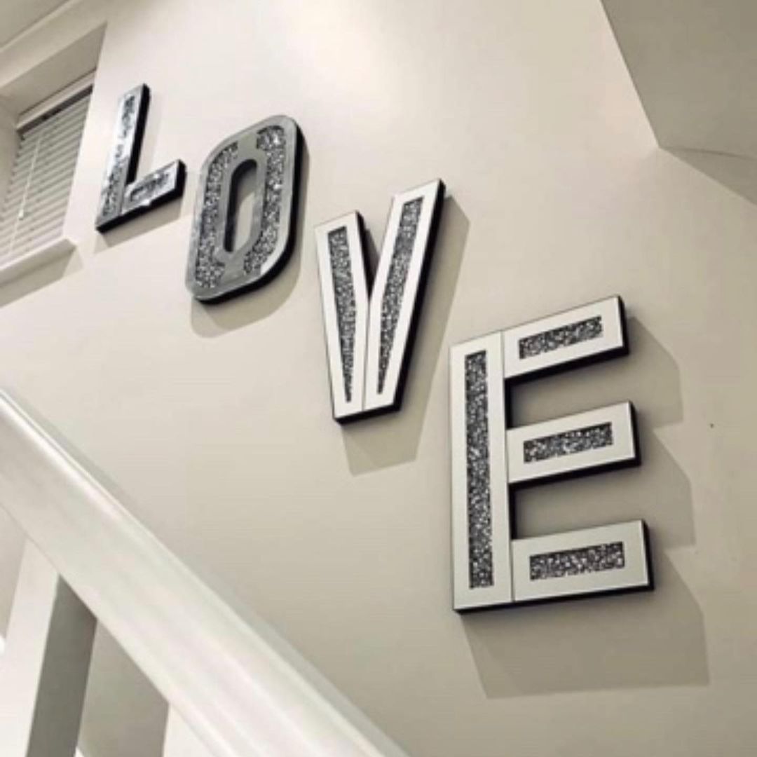 Silver Mirrored Mosaic Crystal Bling LOVE Wall Decor | 12