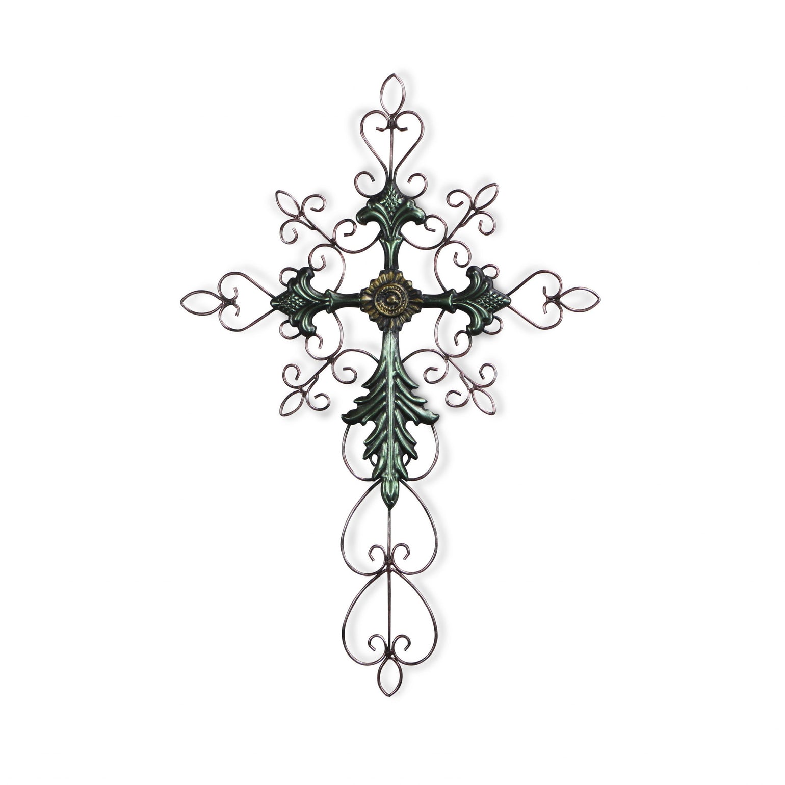 Green and Gold Scroll Metal Hanging Wall Cross | 28