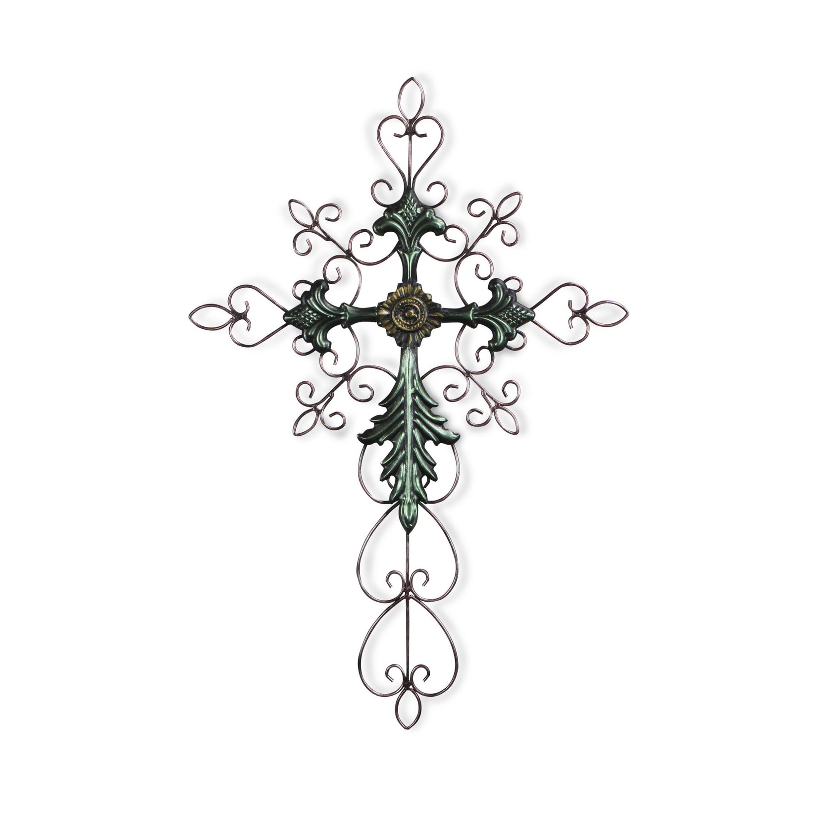 Green and Gold Scroll Metal Hanging Wall Cross | 19