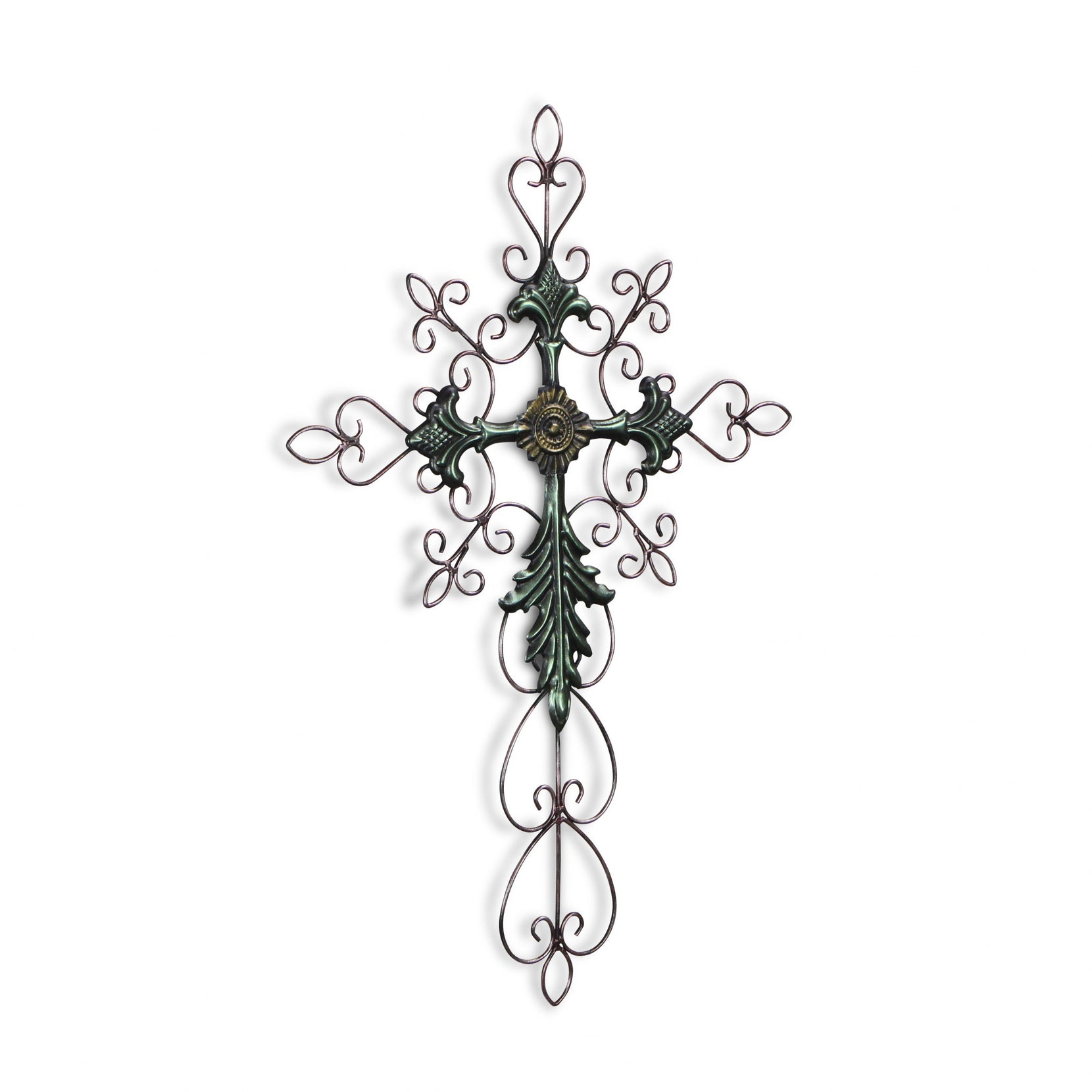 Green and Gold Scroll Metal Hanging Wall Cross | 19