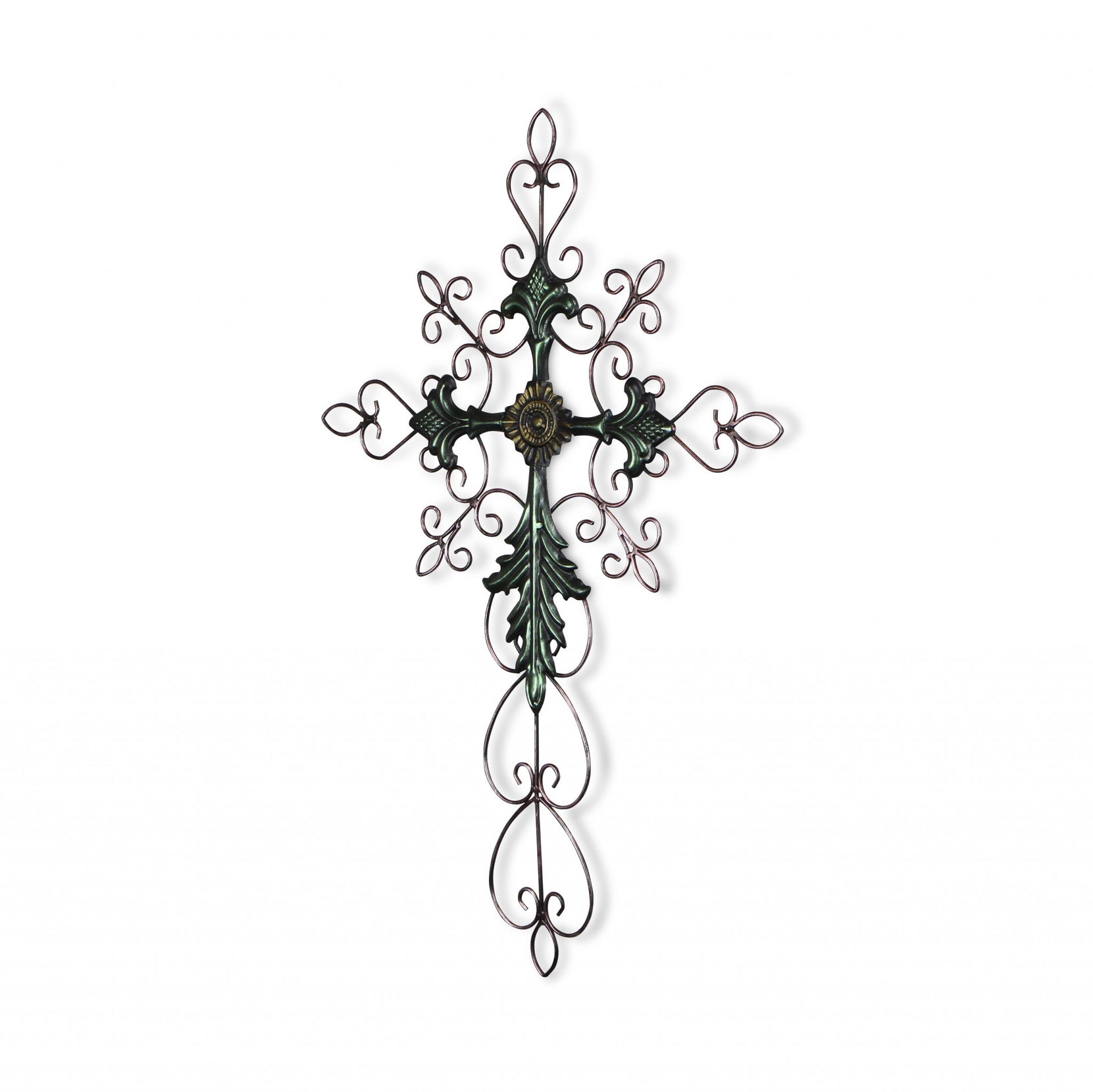 Green and Gold Scroll Metal Hanging Wall Cross | 19