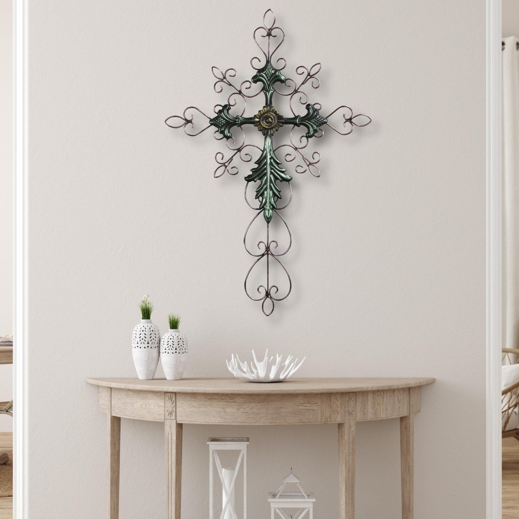 Green and Gold Scroll Metal Hanging Wall Cross | 19