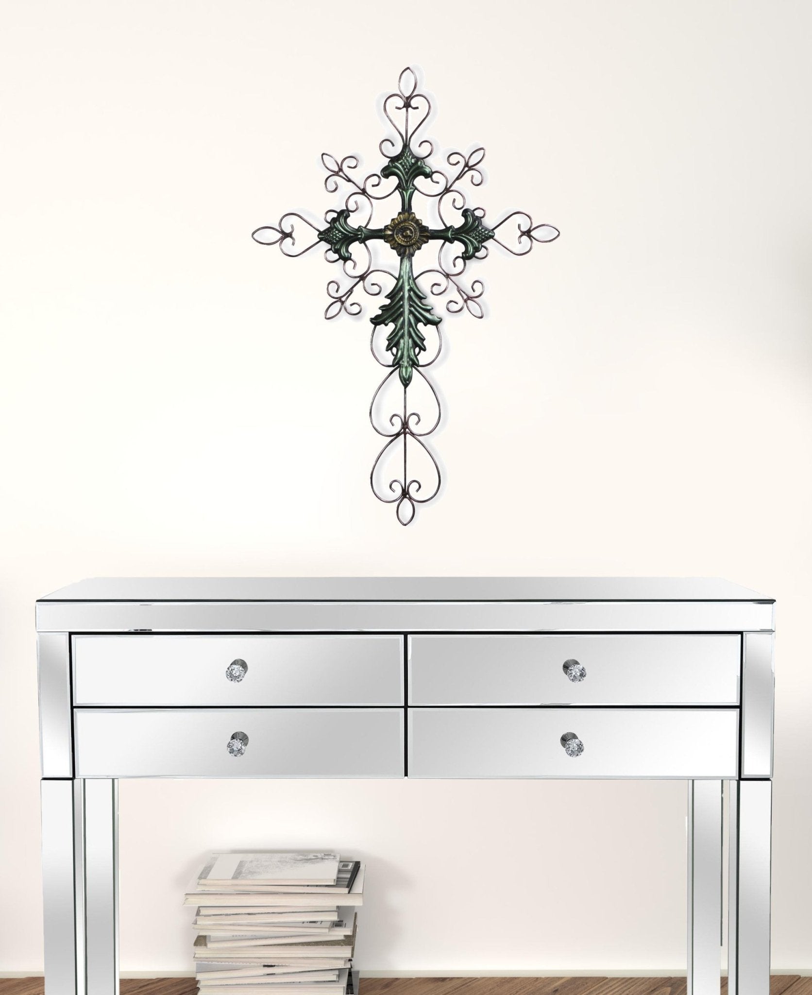 Green and Gold Scroll Metal Hanging Wall Cross | 19