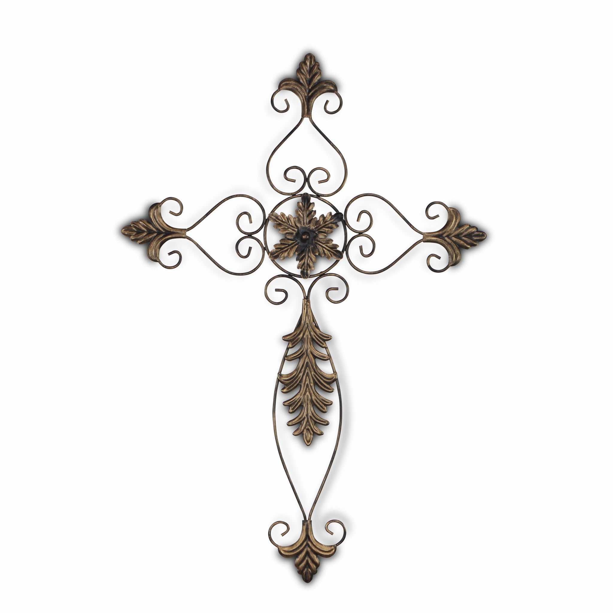 Rustic Burnished Golden Brown Metal Scroll Hanging Wall Cross | 21.5