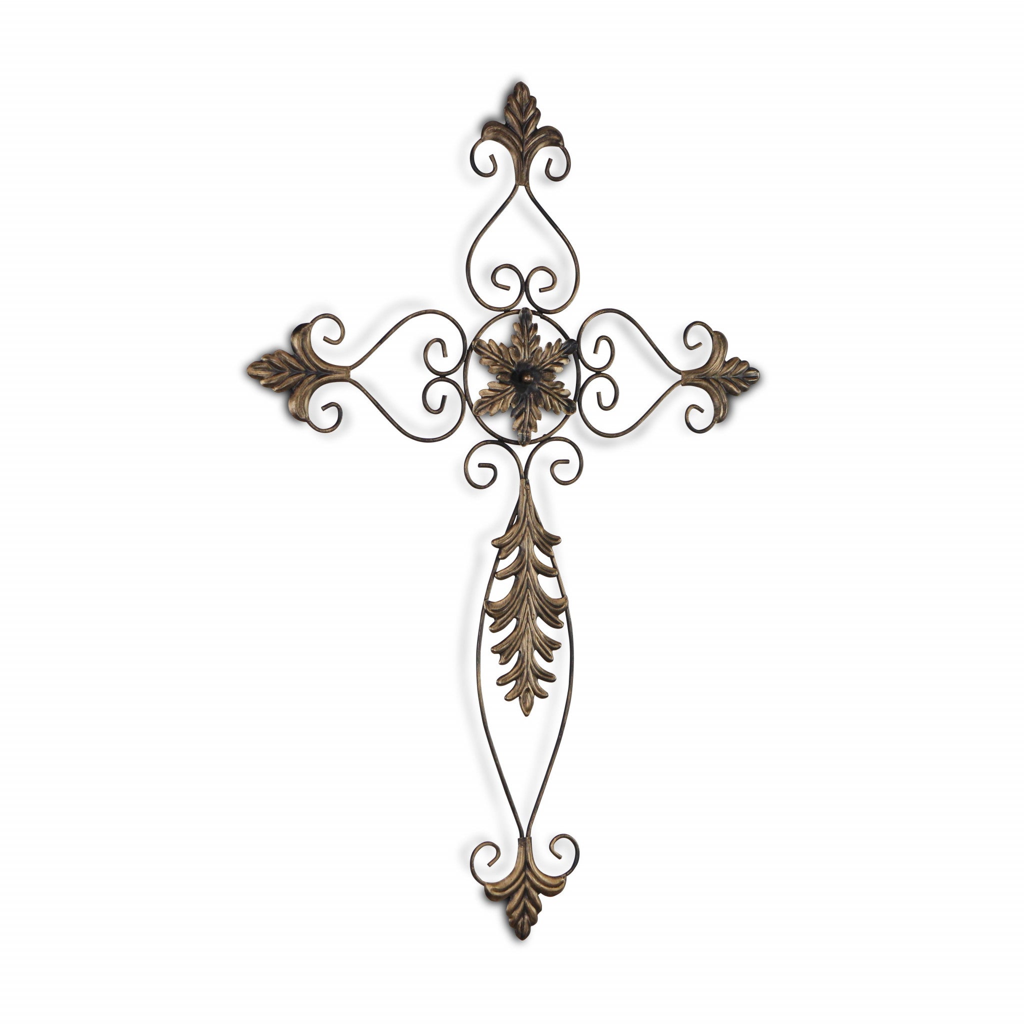 Rustic Burnished Golden Brown Metal Scroll Hanging Wall Cross | 21.5
