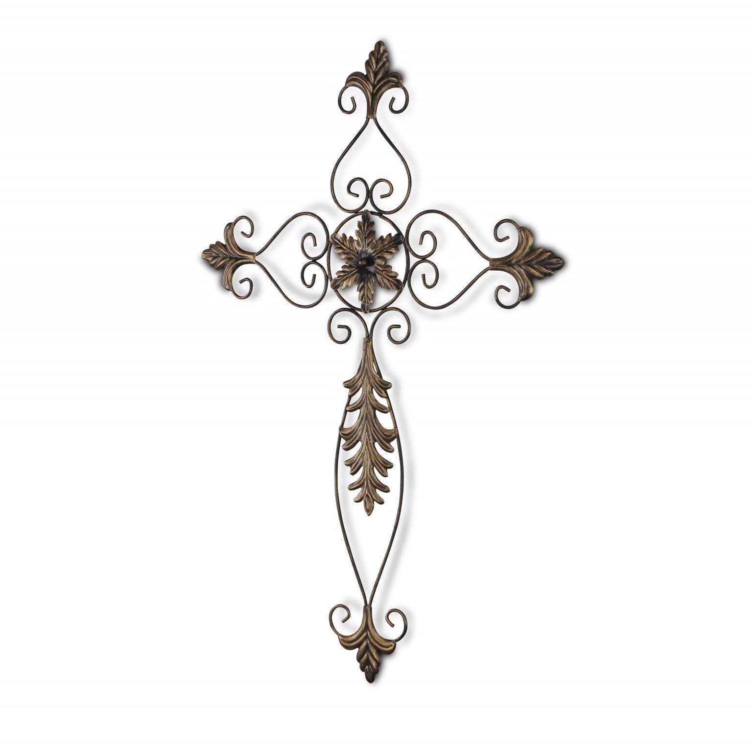 Rustic Burnished Golden Brown Metal Scroll Hanging Wall Cross | 30