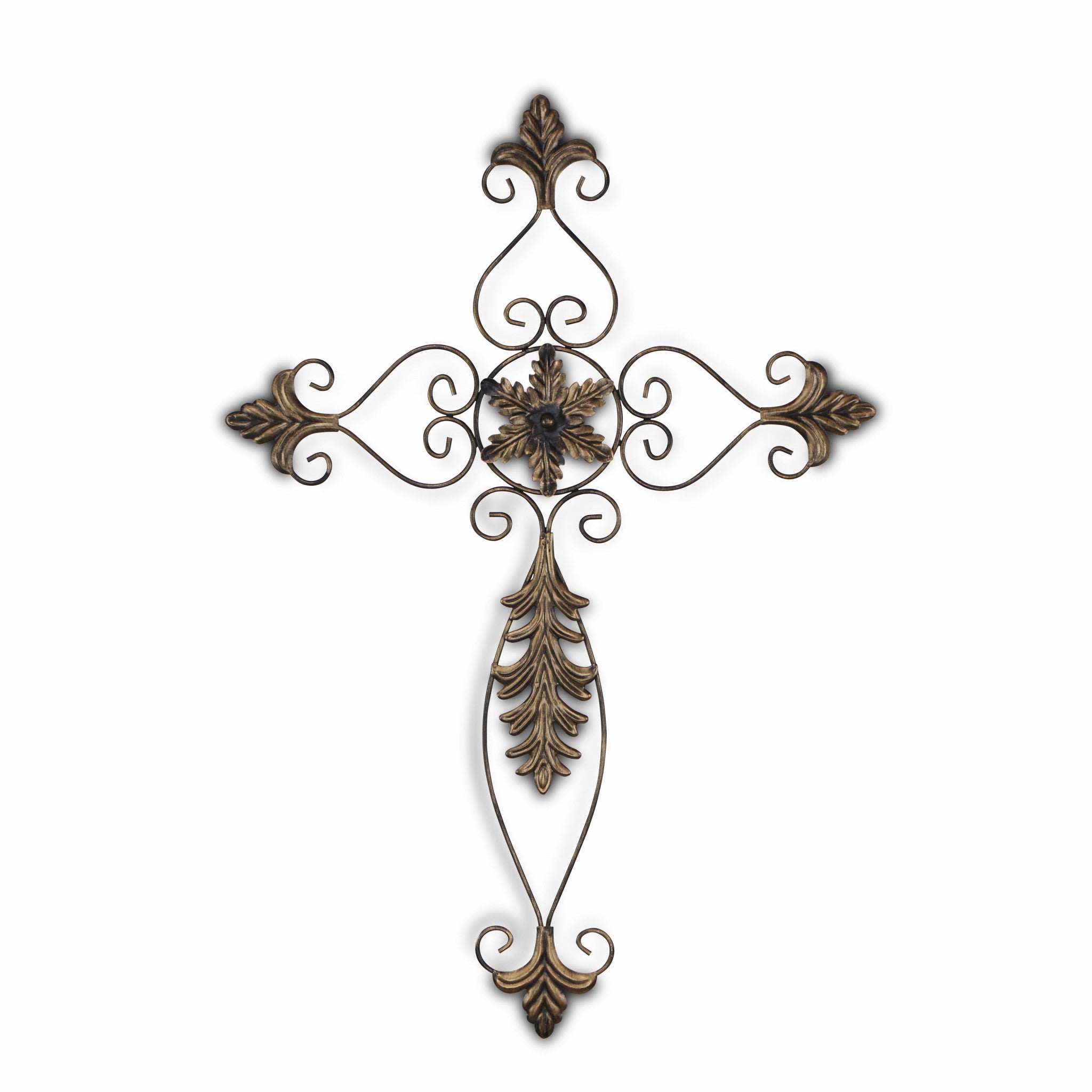 Rustic Burnished Golden Brown Metal Scroll Hanging Wall Cross | 21.5