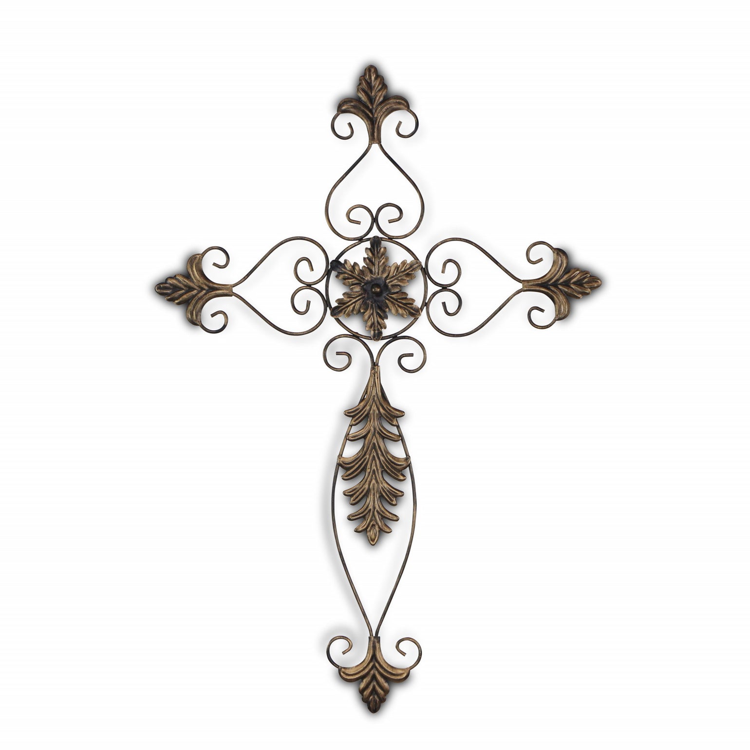 Rustic Burnished Golden Brown Metal Scroll Hanging Wall Cross | 30