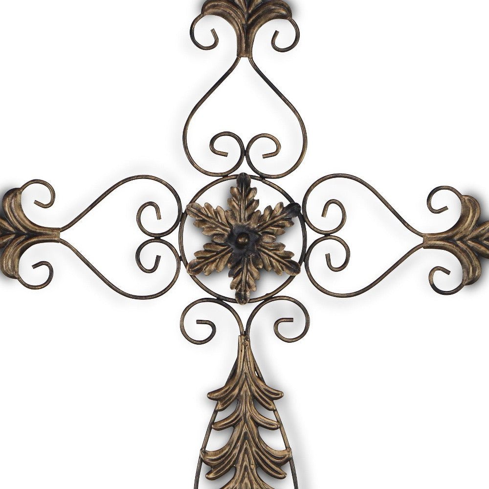 Rustic Burnished Golden Brown Metal Scroll Hanging Wall Cross | 21.5