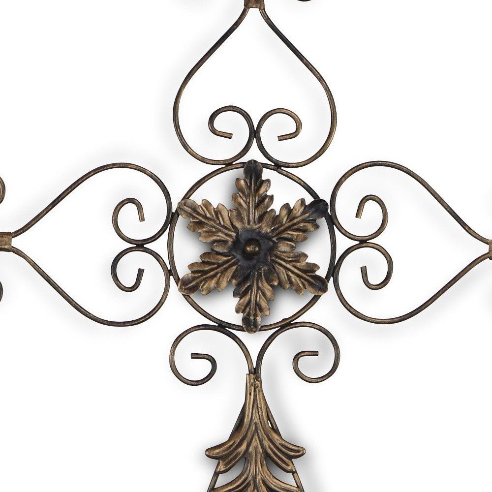 Rustic Burnished Golden Brown Metal Scroll Hanging Wall Cross | 21.5