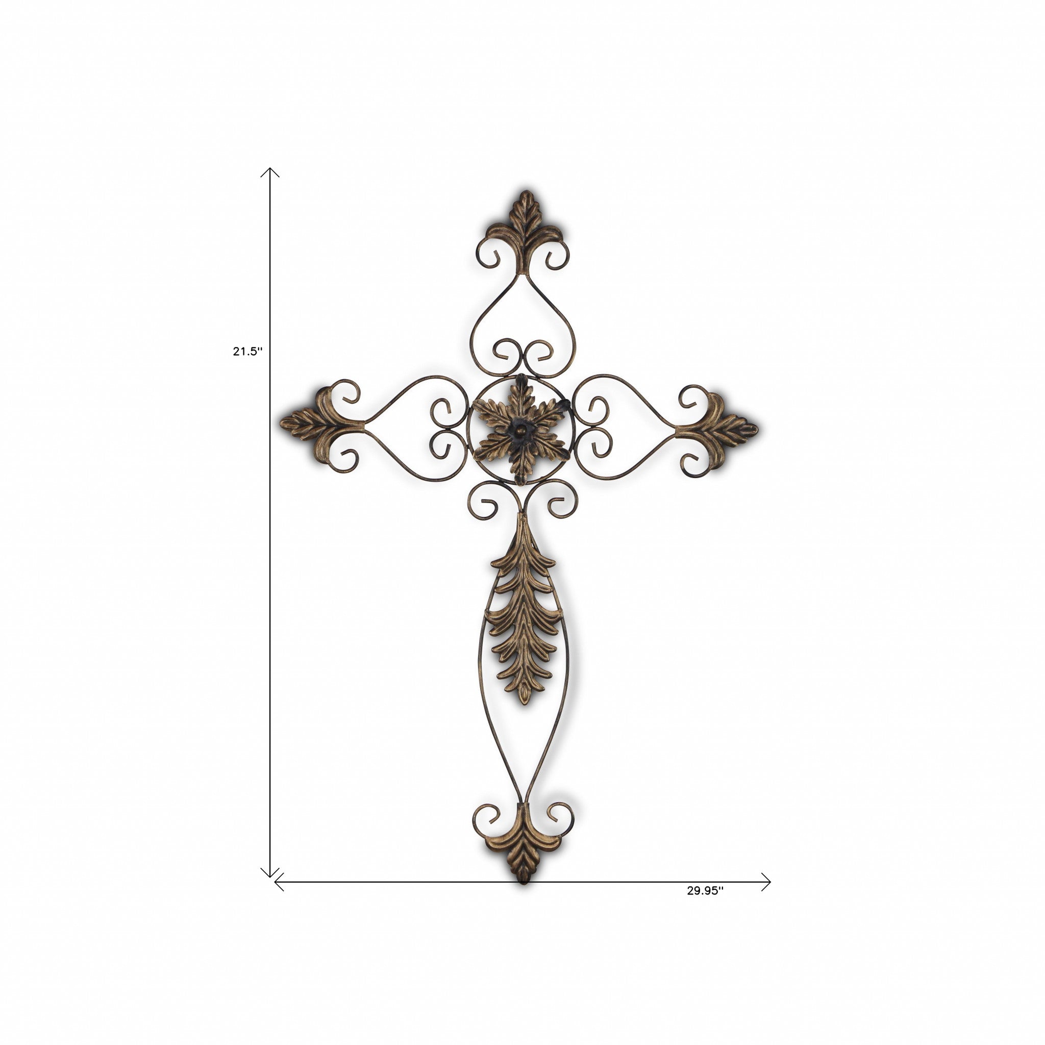 Rustic Burnished Golden Brown Metal Scroll Hanging Wall Cross | 21.5