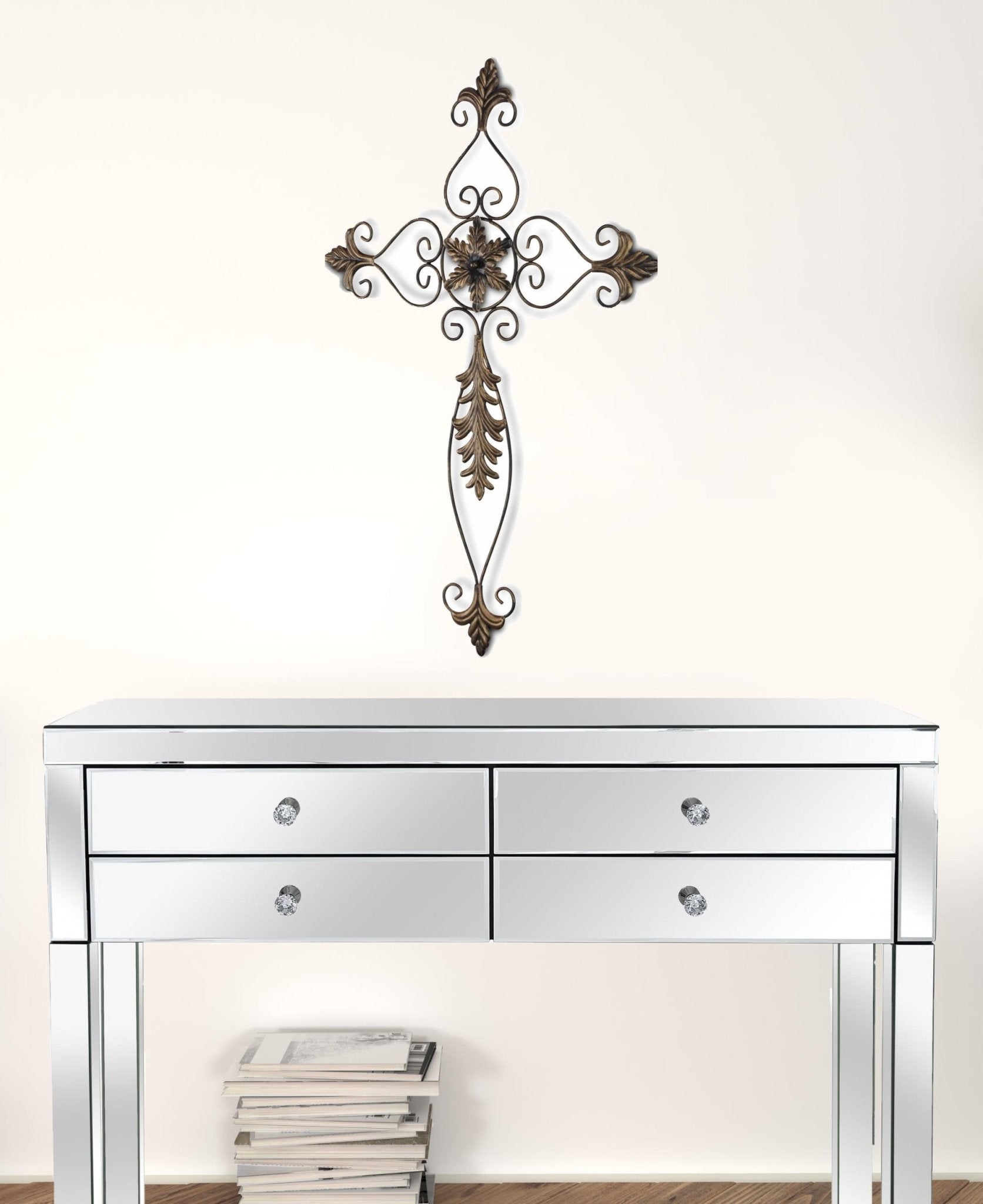 Rustic Burnished Golden Brown Metal Scroll Hanging Wall Cross | 21.5