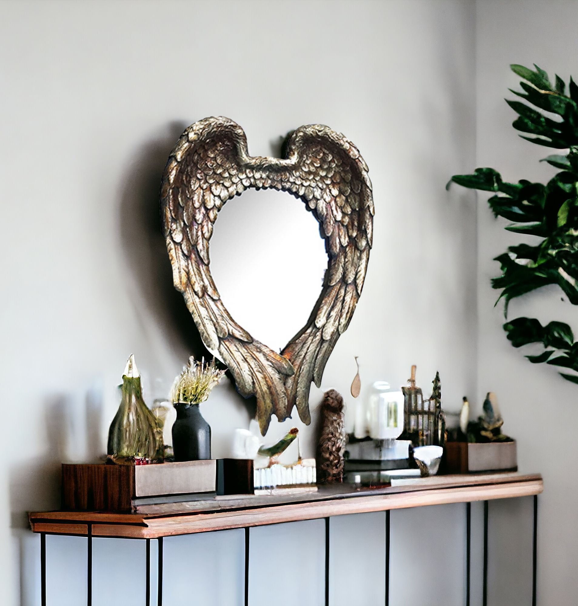 Gold Wing Pattern Heart Shaped Accent Wall Mirror | 16