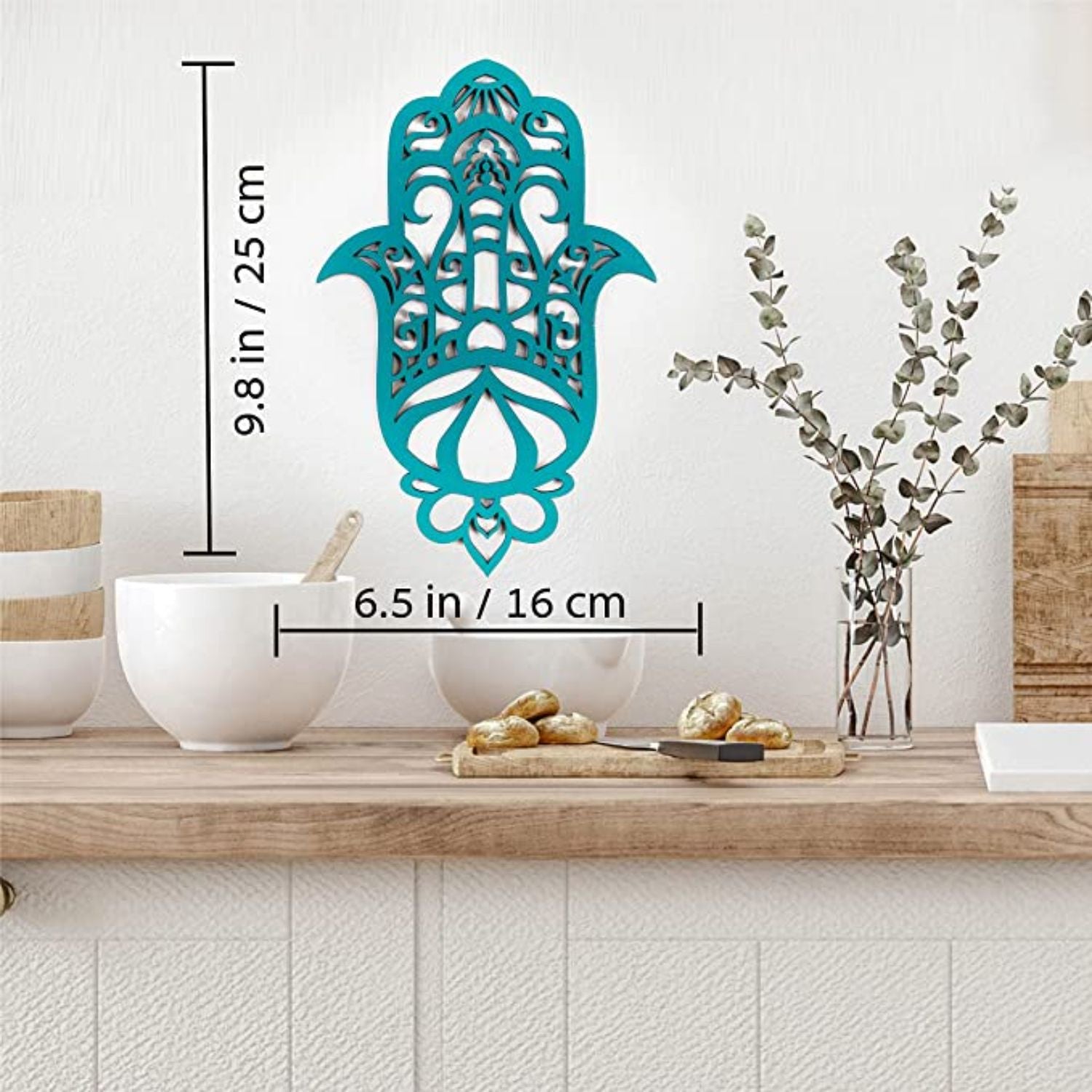 Turquoise Solid Wood Hamsa Shape Wall Art | 6