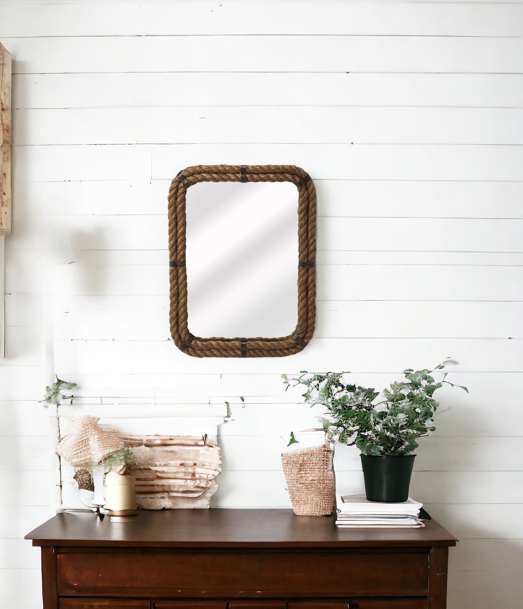 Light Brown Rope Framed Accent Wall Mirror | 19