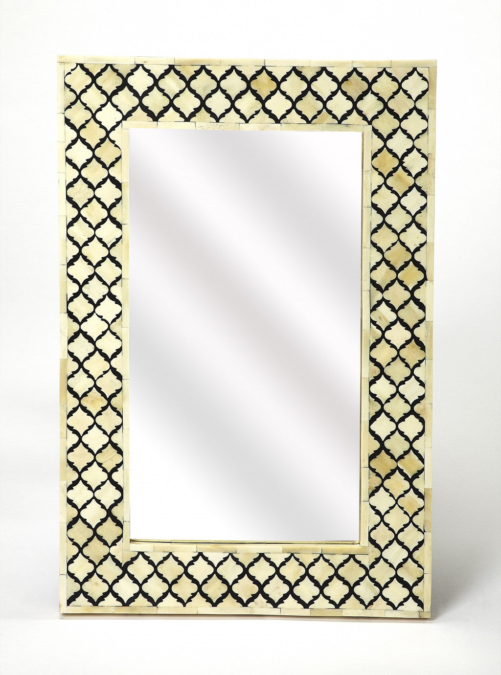 Ivory and Black Quatrefoil Bone Inlay Framed Wall Mirror | 16