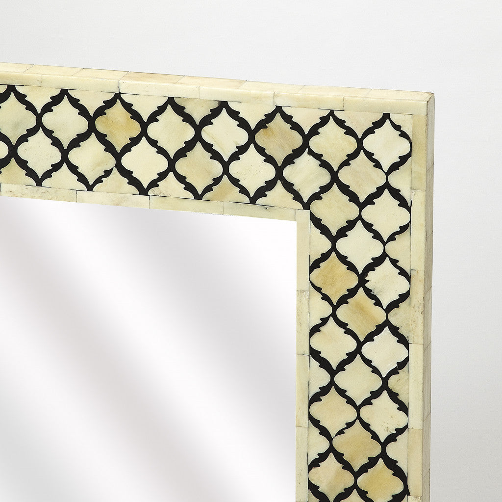 Ivory and Black Quatrefoil Bone Inlay Framed Wall Mirror | 16